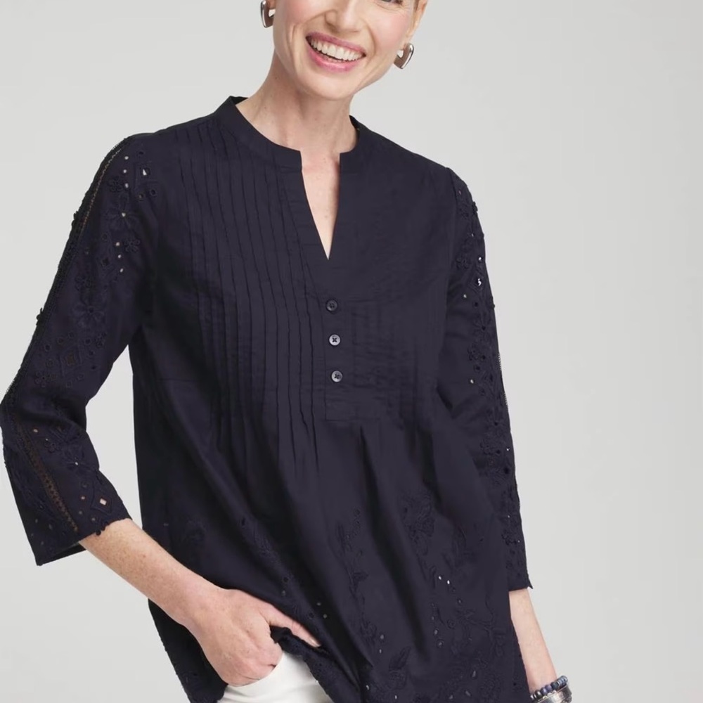 Chico’s Navy Eyelet Scallop Hem Blouse Navy